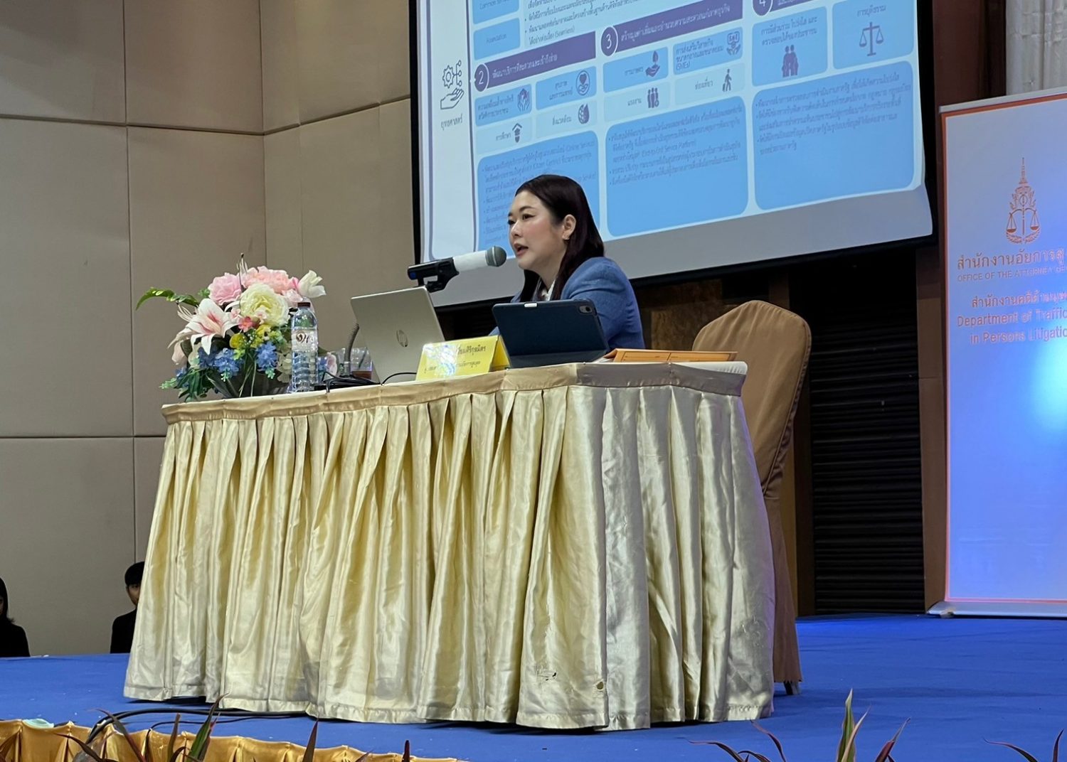 การถ่ายทอดองค์ความรู้ให้แก่ผู้เข้ารับการฝึกอบรมโครงการเพิ่มศักยภาพของบุคลากรสำนักงานคดีค้ามนุษย์ในการดำเนินคดีค้ามนุษย์ และพัฒนาทักษะด้านเทคโนโลยีสารสนเทศในการปฏิบัติงาน